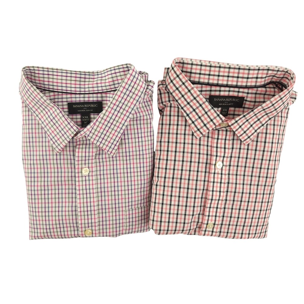 Banana‎ Republic Dress Shirt Mens 18.5 36/37 Pink Check Slim Fit Non Iron Lot 2